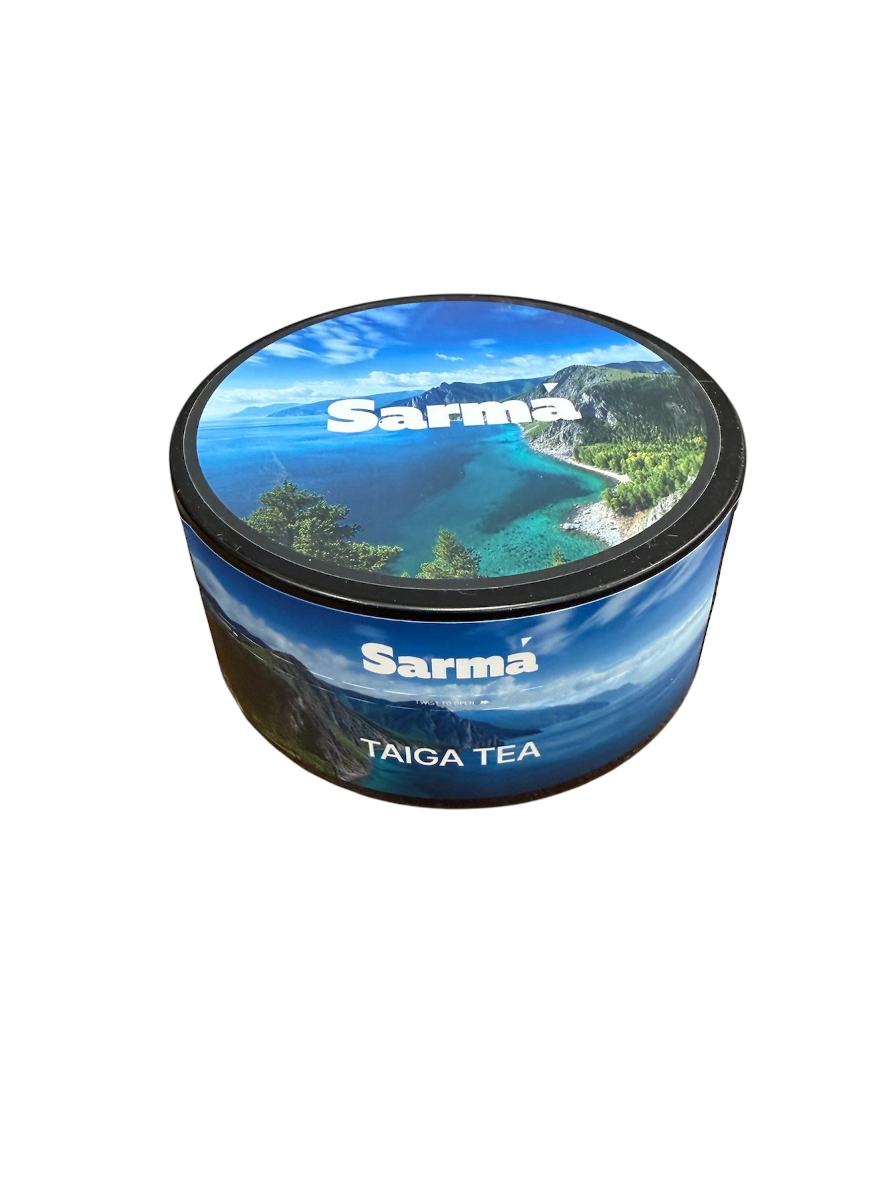 Sarma Taiga Tea hookah tobacco can with blue scenic packaging on a white background