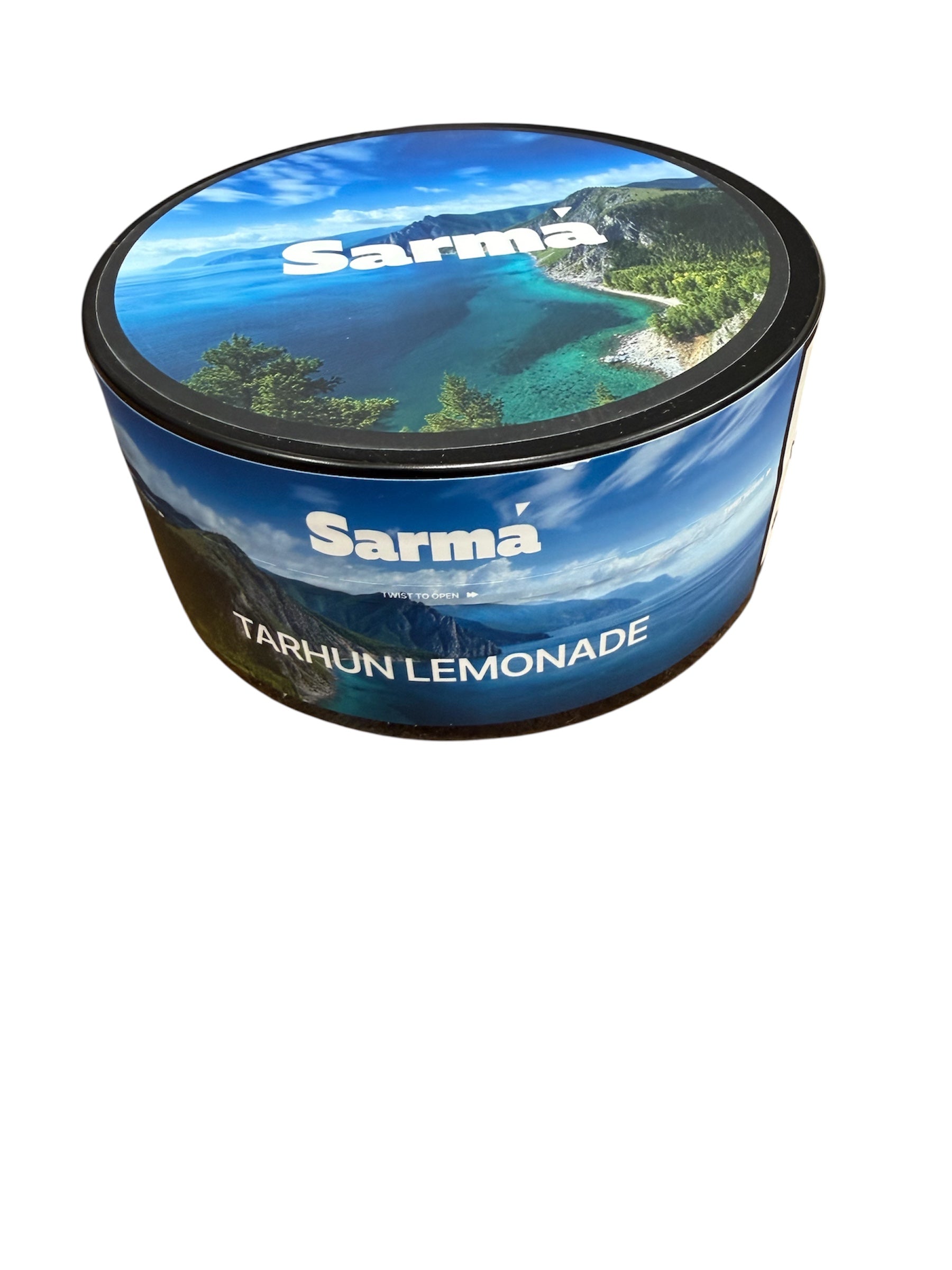 Sarma Tarhun Lemonade hookah tobacco can with blue scenic packaging on a white background