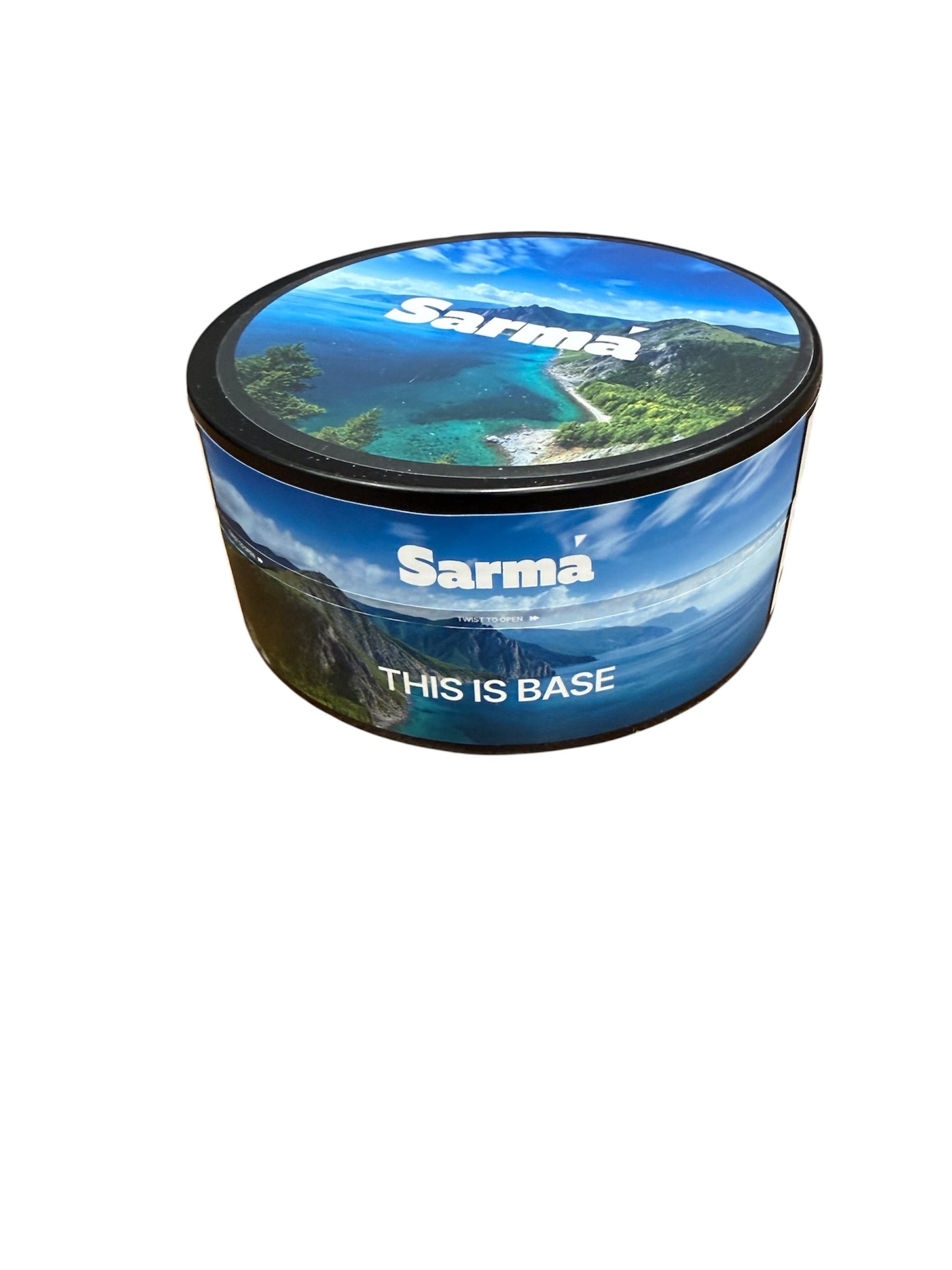 Sarma This Is Base hookah tobacco can with blue scenic packaging on a white background
