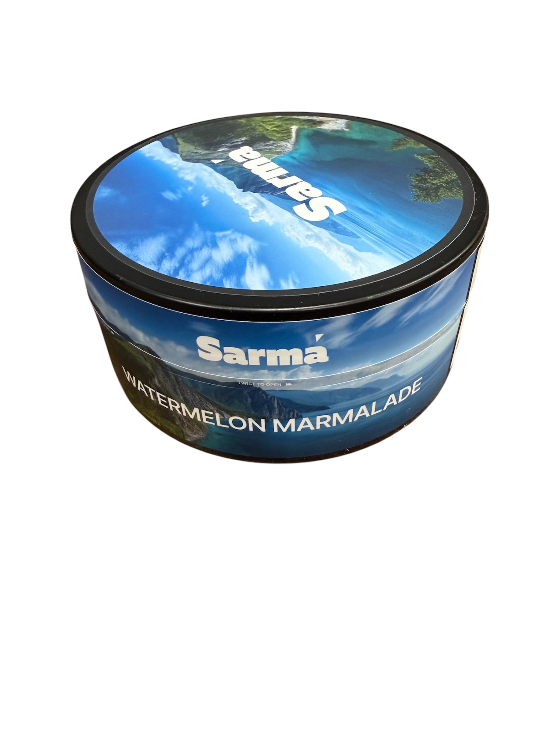 Sarma Watermelon Marmalade hookah tobacco can with blue scenic label on a white background