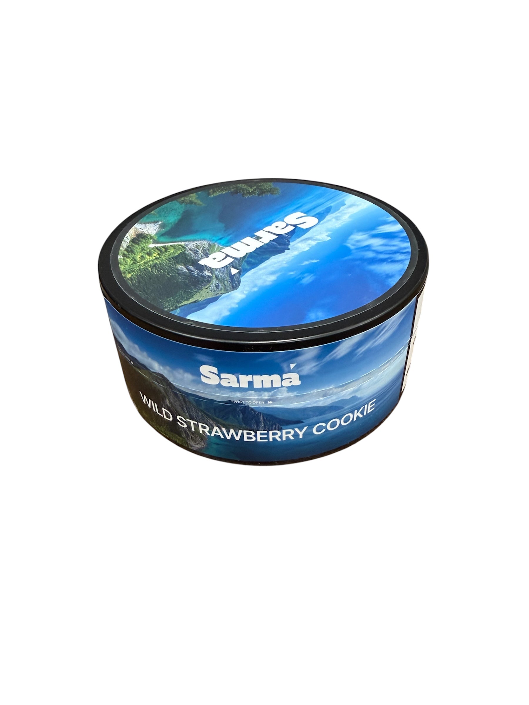Sarma Wild Strawberry Cookie hookah tobacco can with blue scenic packaging on a white background