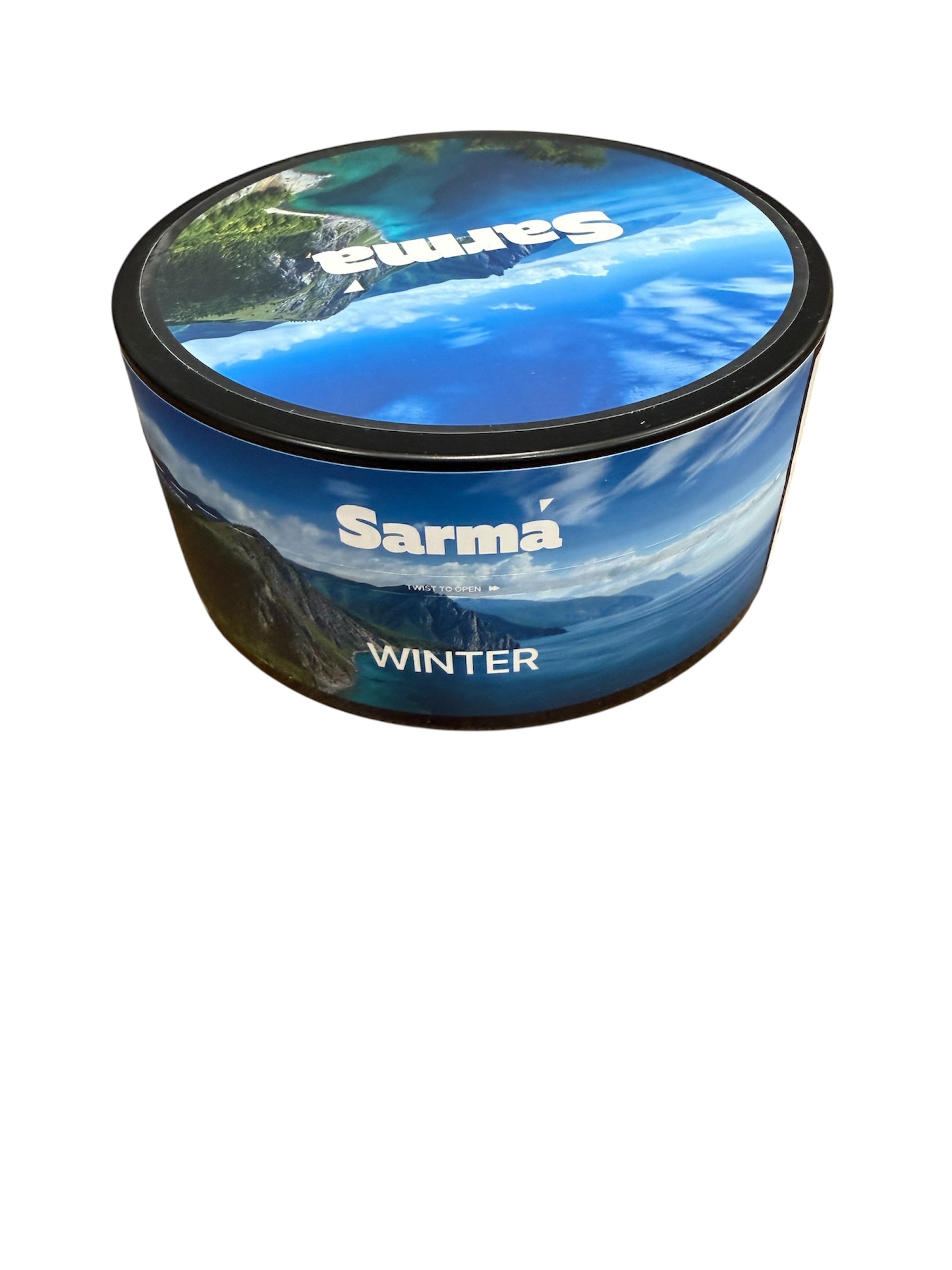 Sarma Winter hookah tobacco can with blue scenic packaging on a white background