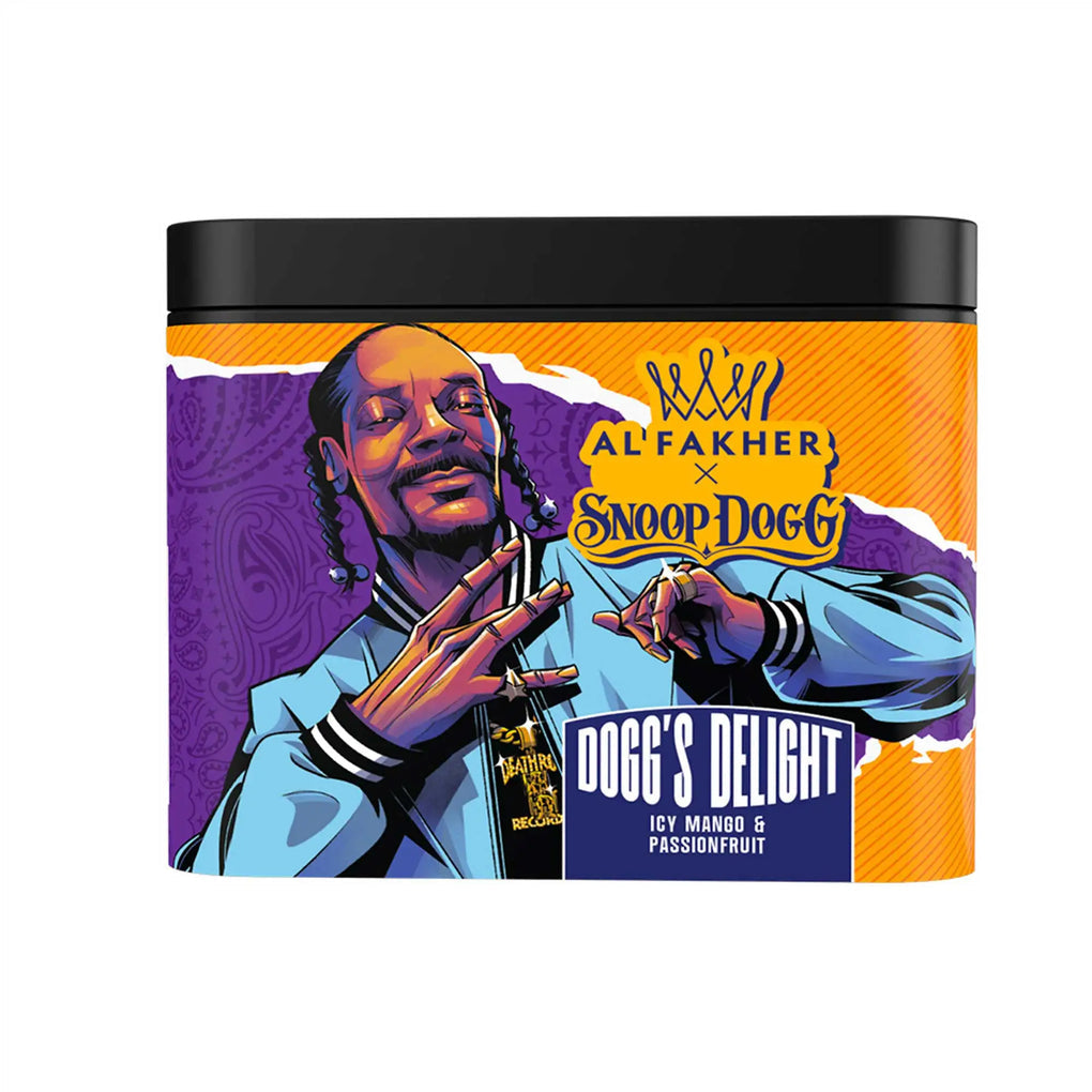 Snoop Dogg x Al Fakher Cloud 9 hookah tobacco featuring tropical fruit flavors with cooling in premium illustrated packaging.