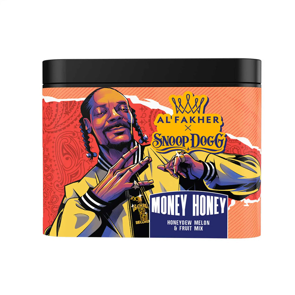 Snoop Dogg x Al Fakher Money Honey hookah tobacco featuring honeydew melon and fruit mix in premium illustrated packaging.