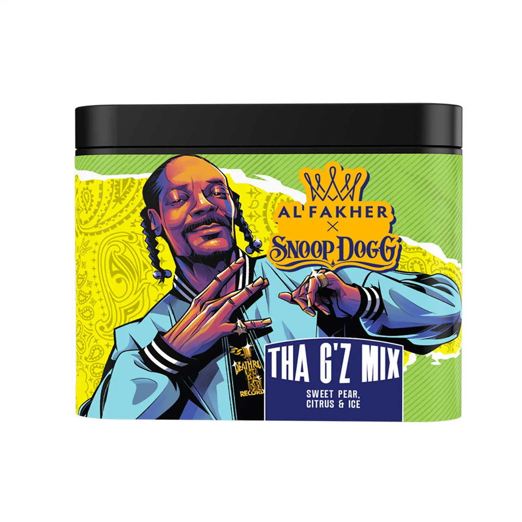 Snoop Dogg x Al Fakher Tha G’z Mix hookah tobacco featuring sweet pear, citrus, and ice in premium illustrated packaging.