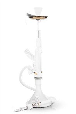 All white MOB AK-47 hookah featuring smooth airflow, strong cloud output, and a clean modern design from HookahJunkie