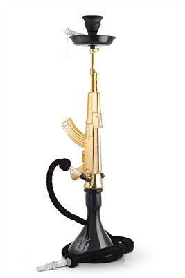 MOB AK-47 Hookah in gold and black featuring a premium base, smooth airflow, and thick cloud performance from HookahJunkie