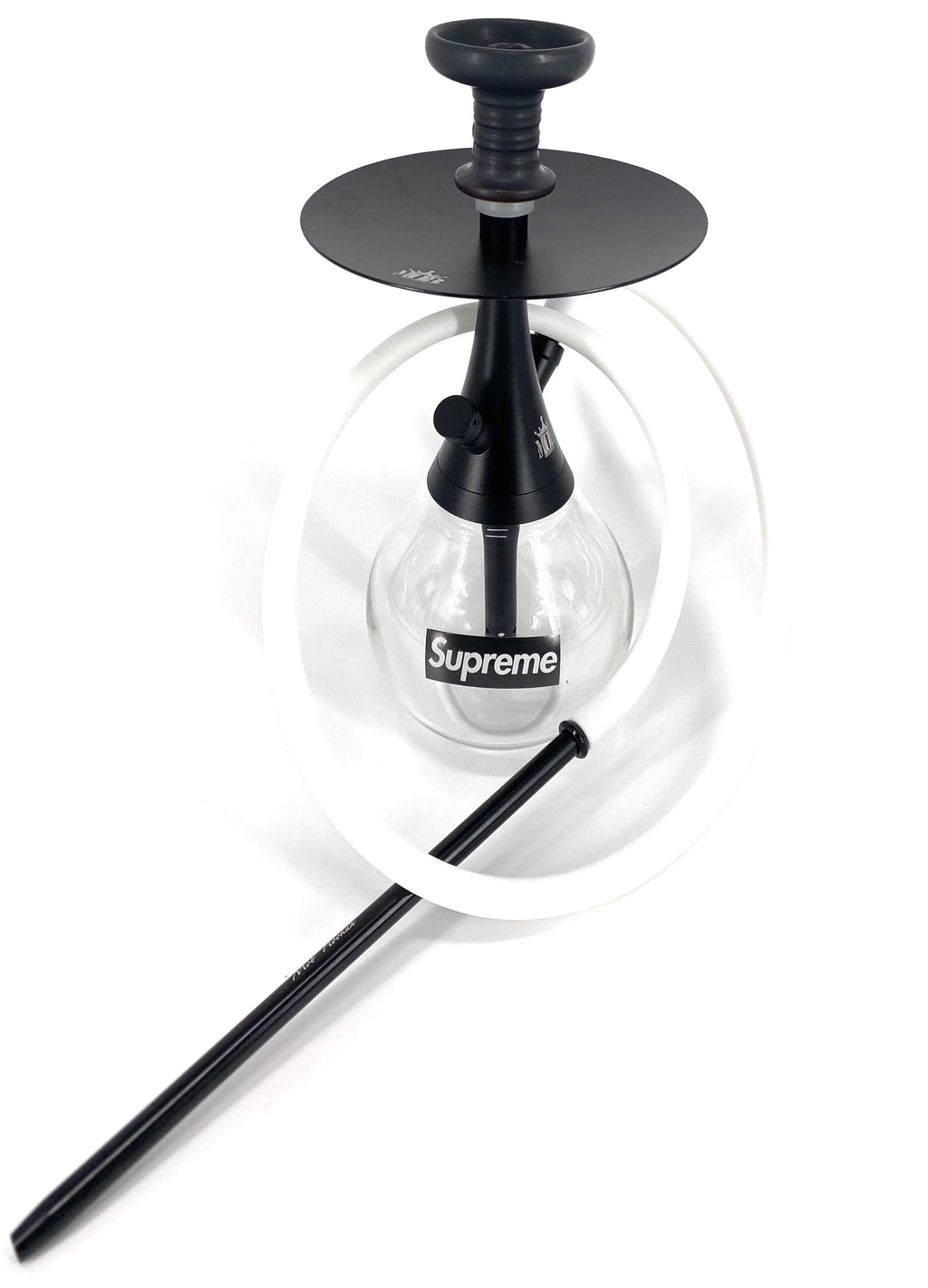 MOB Drop Hookah Supreme black stainless steel hookah with clear glass base and white hose