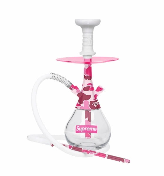 MOB Drop Hookah Supreme pink camo stainless steel hookah with clear glass base and white hose