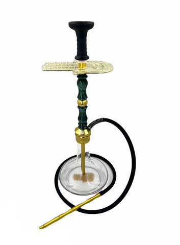 MOB Khamsa Large hookah with gold stem, green glass accents and clear glass base