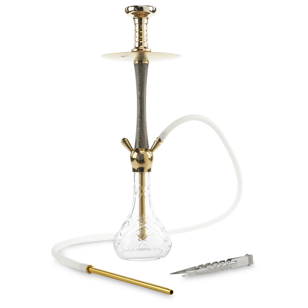 MOB Madera Hookah with gold metal accents, wood finish stem and crystal glass base