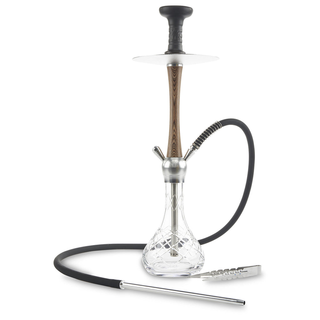 MOB Madera Hookah with silver stainless steel accents, wood finish stem and crystal glass base