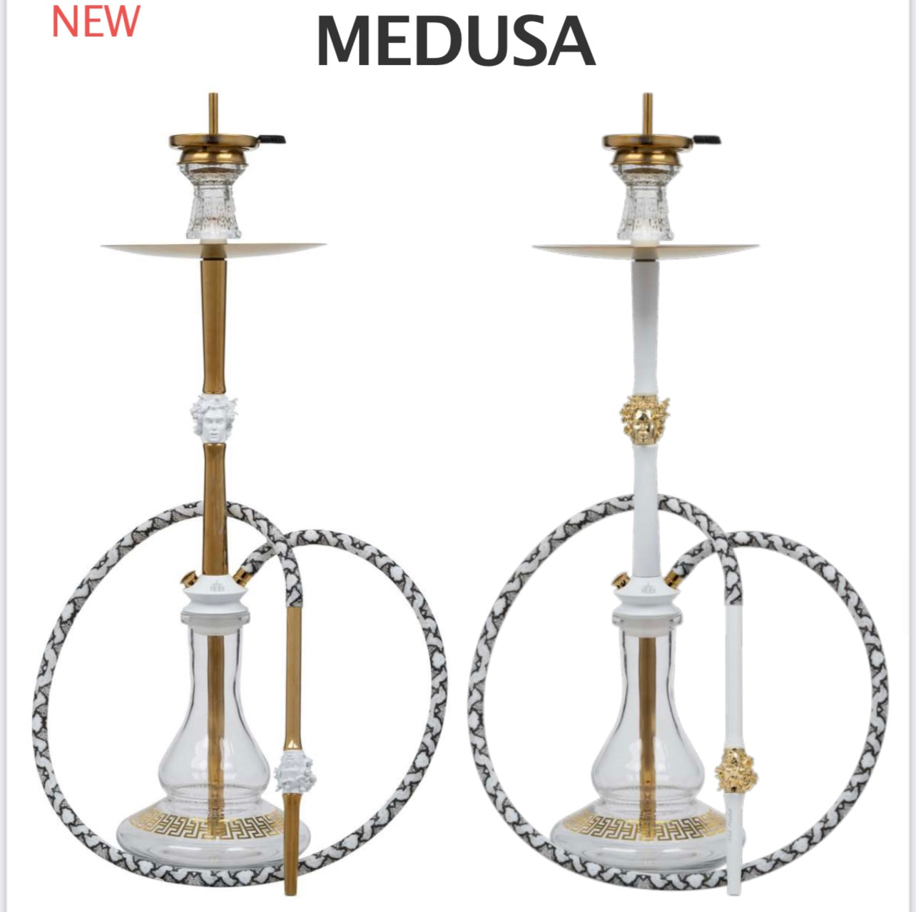 MOB Medusa luxury stainless steel hookah in gold and white color variations with glass base