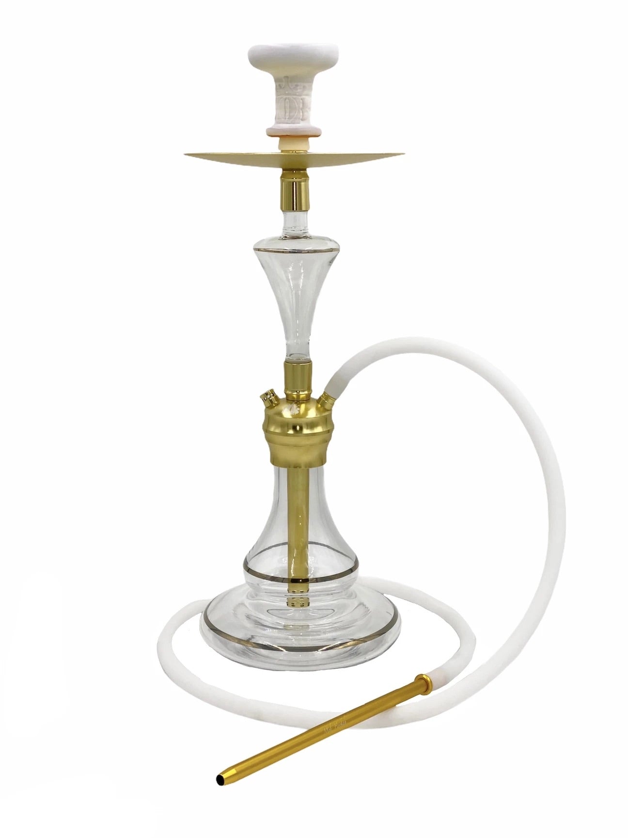 MOB Pasha Hookah gold stainless steel hookah with clear glass base and white hose