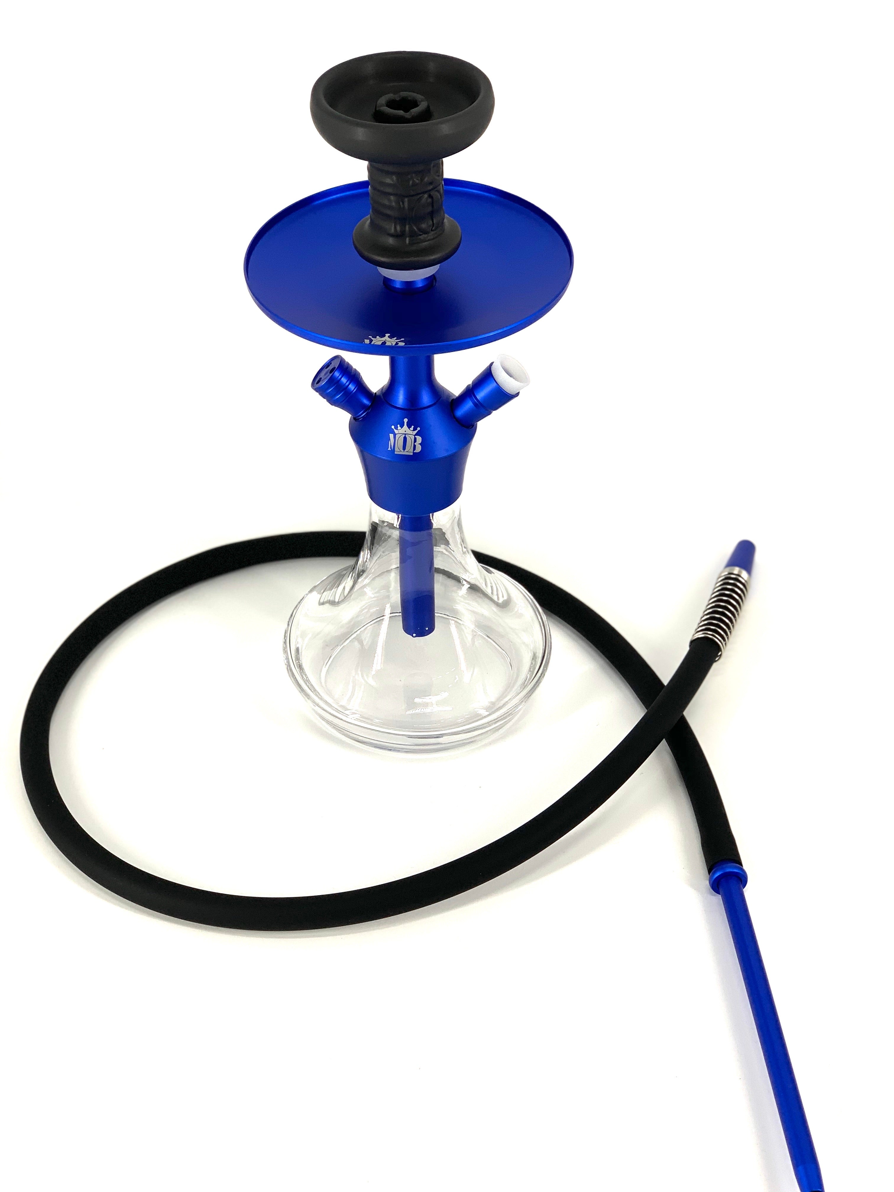 MOB Xara Hookah blue stainless steel tabletop hookah with clear glass base and black hose