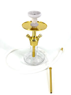 MOB Xara Hookah gold stainless steel tabletop hookah with clear glass base and white hose