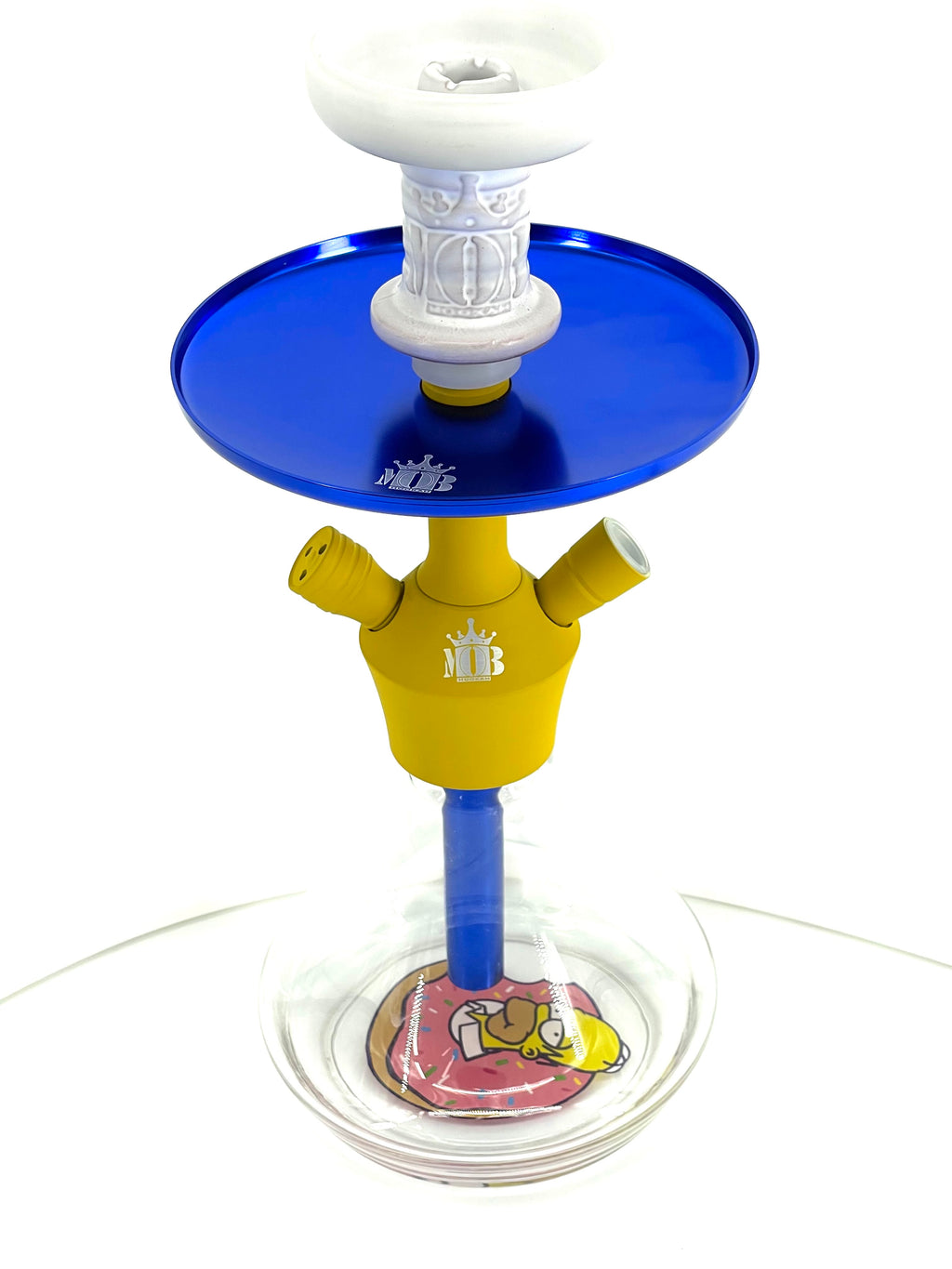 MOB Xara Hookah Homer edition yellow and blue tabletop hookah with clear glass base