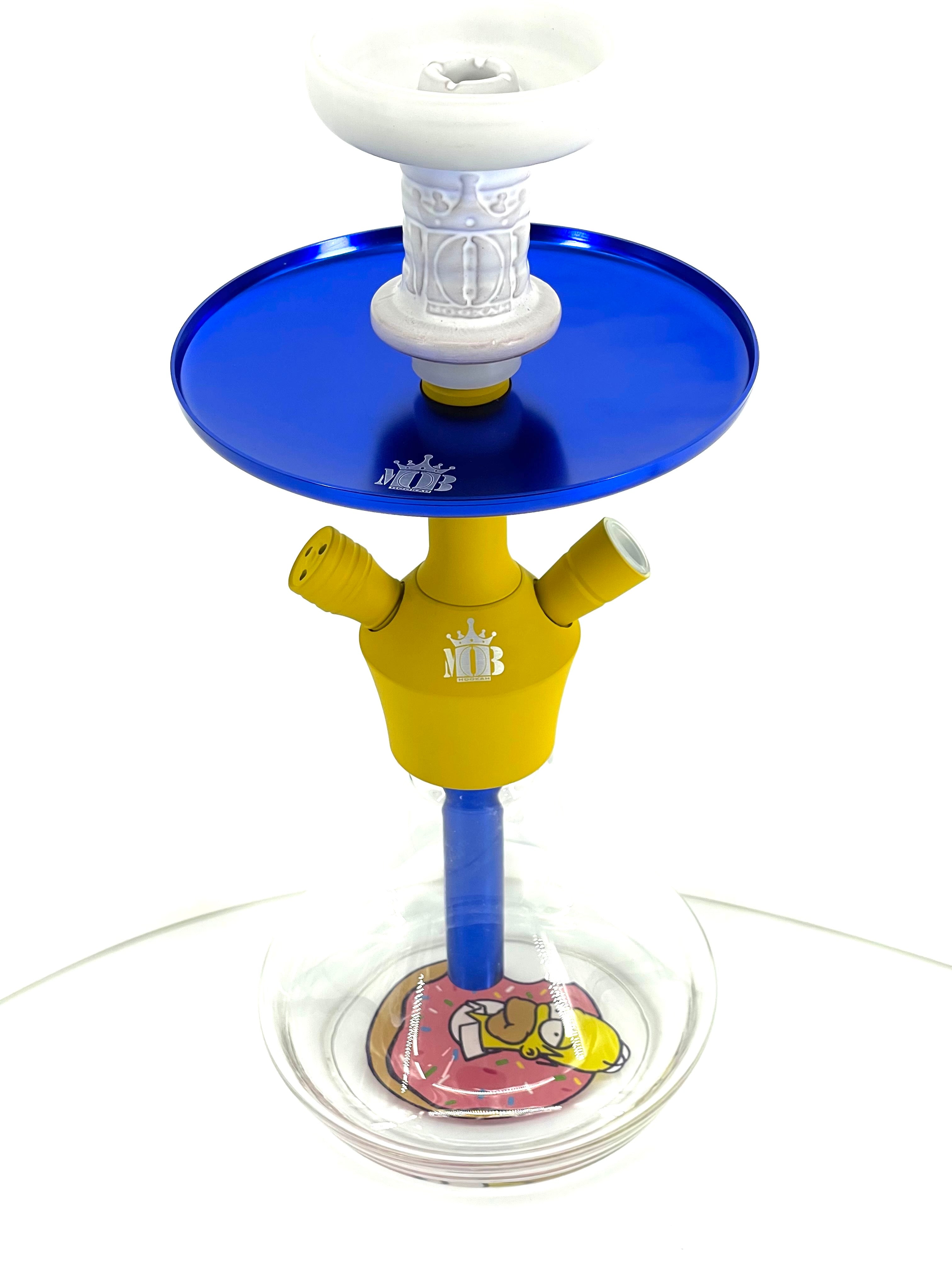 MOB Xara Hookah Homer edition yellow and blue tabletop hookah with clear glass base
