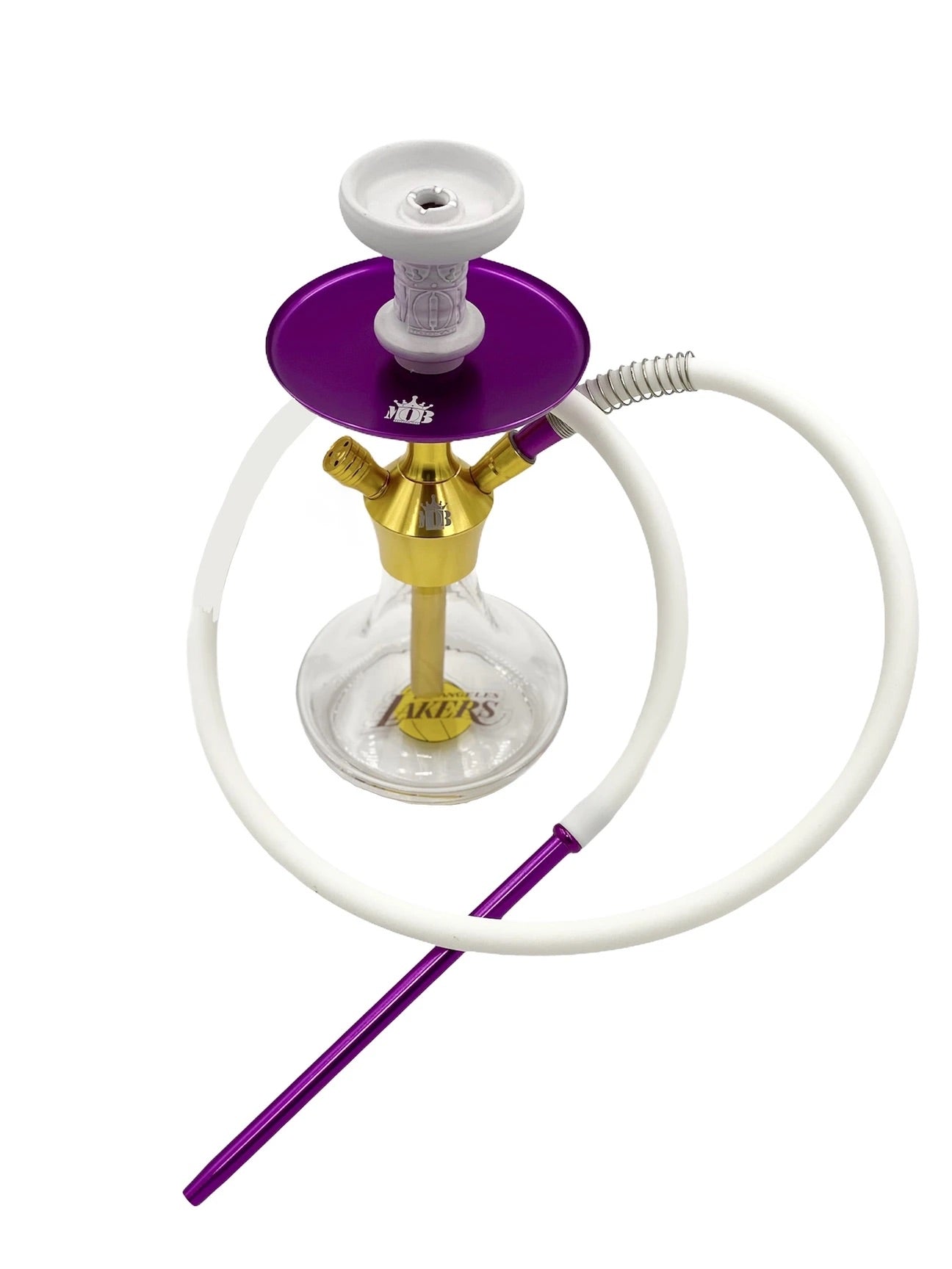 MOB Xara Hookah Lakers edition purple and gold tabletop hookah with clear glass base and white hose