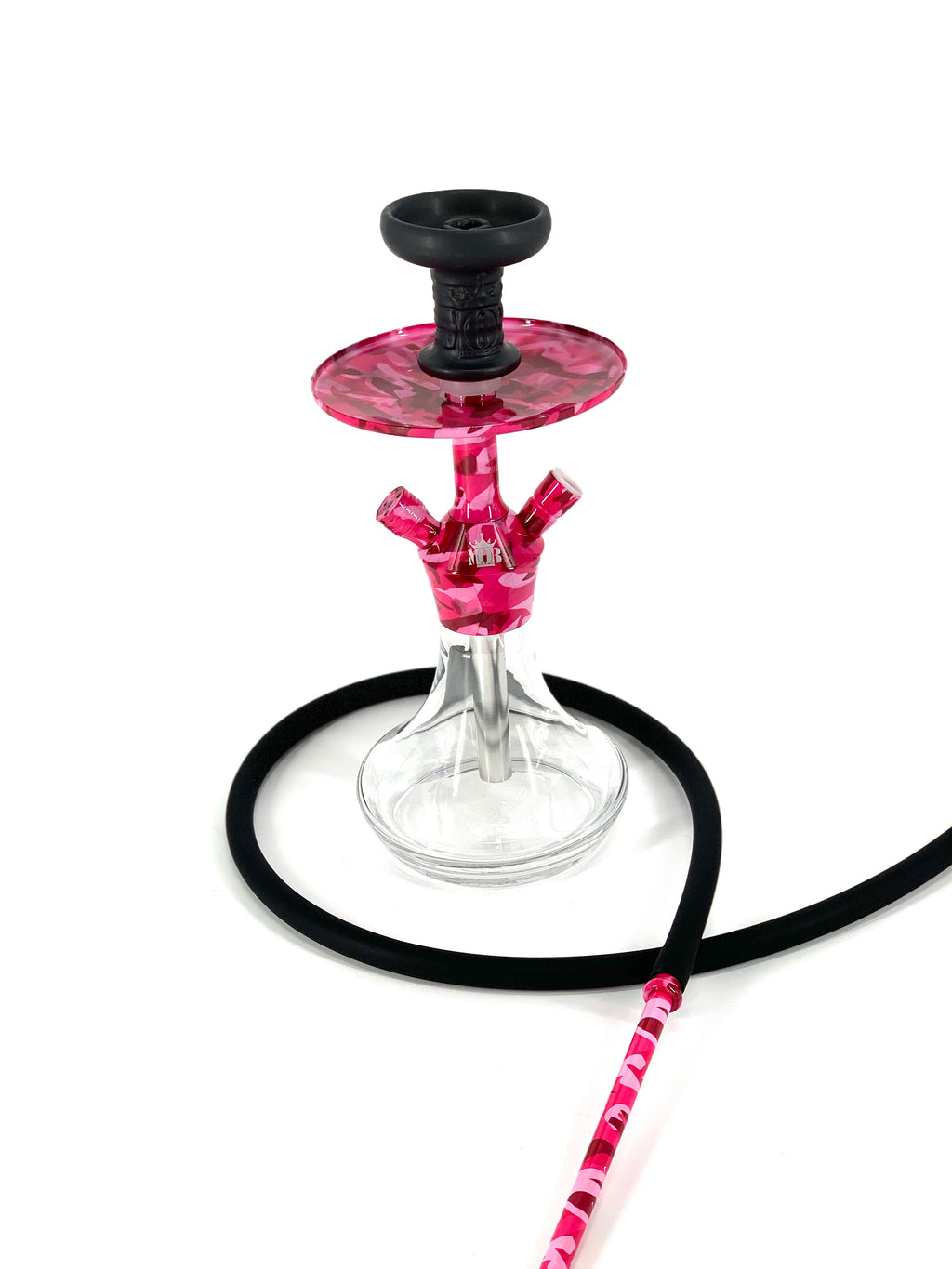 MOB Xara Hookah pink camo stainless steel tabletop hookah with clear glass base and black hose