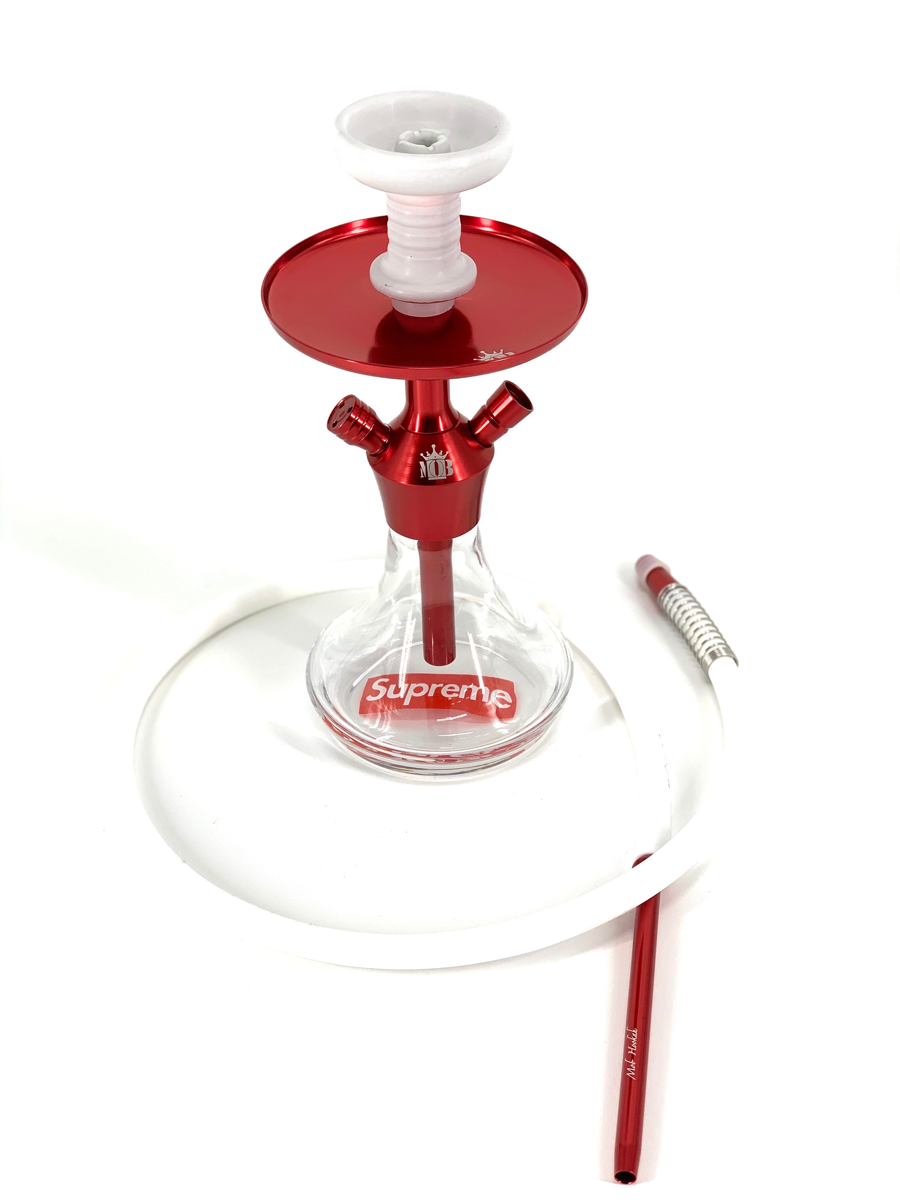 MOB Xara Hookah red stainless steel tabletop hookah with clear glass base and matching hose