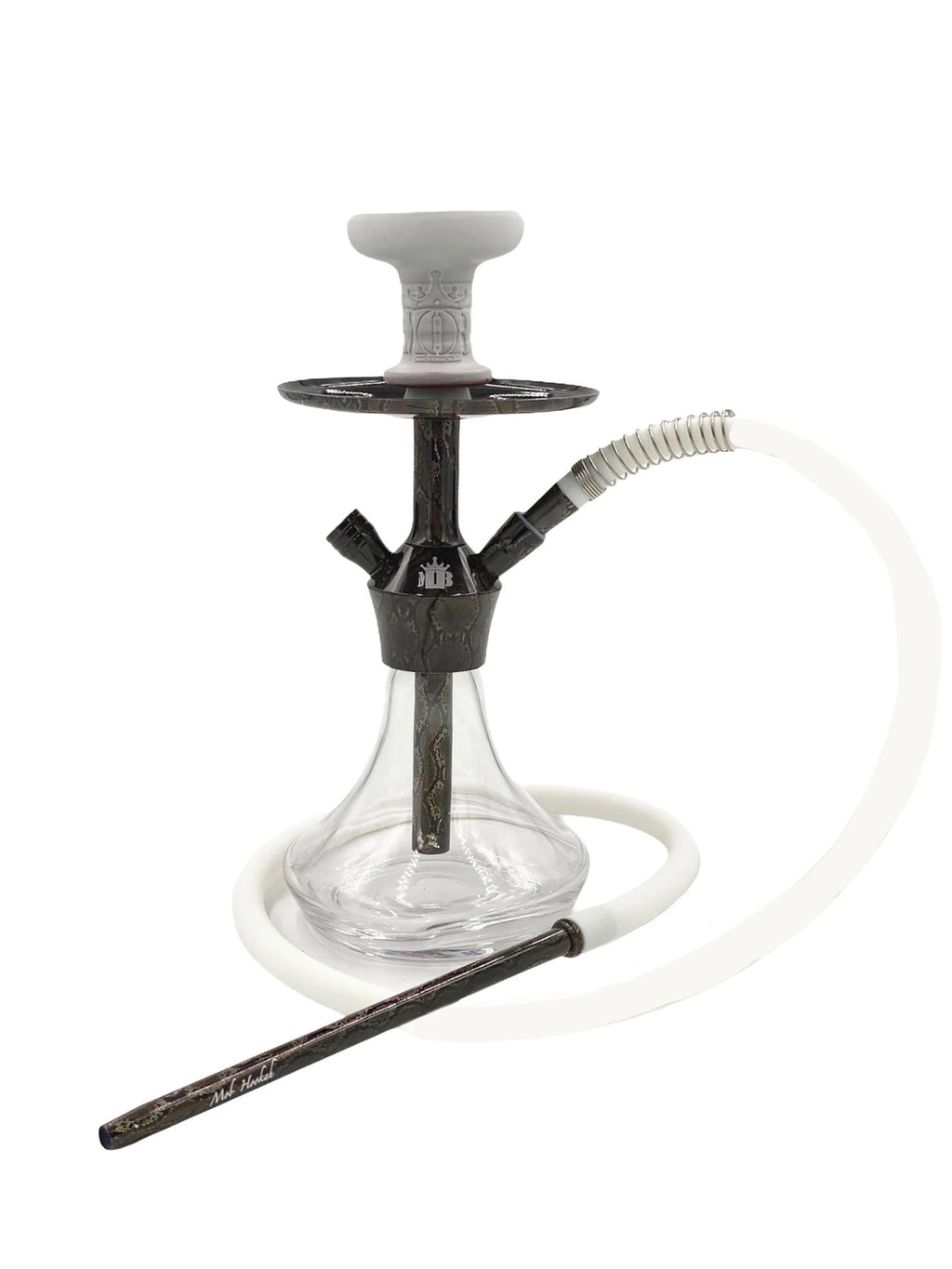 MOB Xara Hookah snake skin edition black stainless steel tabletop hookah with clear glass base and white hose