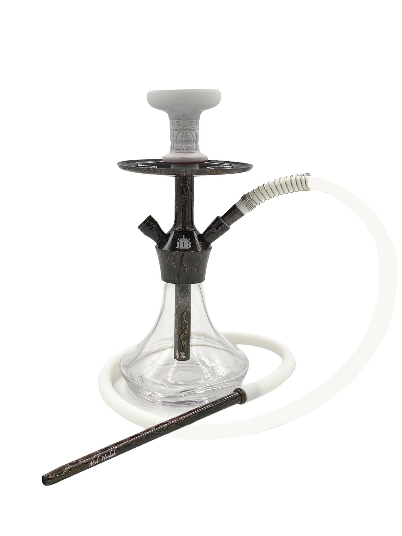MOB Xara Hookah snake skin edition black stainless steel tabletop hookah with clear glass base and white hose
