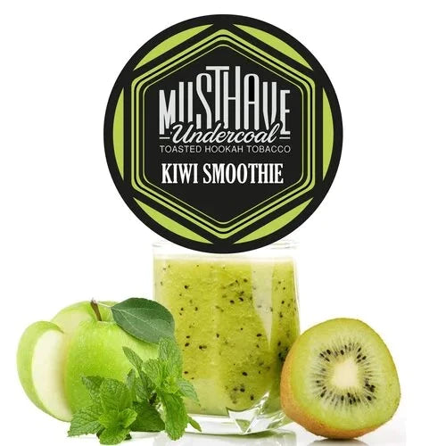 MustHave Undercoal Kiwi Smoothie dark leaf hookah tobacco with fresh kiwi and smoothie-inspired flavor on a white background