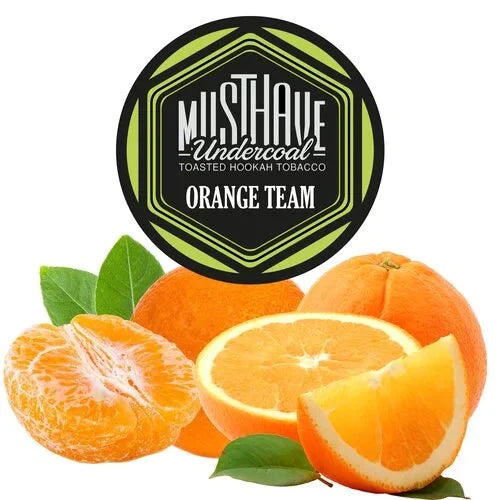 MustHave Undercoal Orange Team dark leaf hookah tobacco with sweet citrus orange flavor on a white background